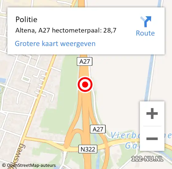 Locatie op kaart van de 112 melding: Politie Altena, A27 hectometerpaal: 28,7 op 15 maart 2024 16:23