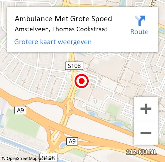 Locatie op kaart van de 112 melding: Ambulance Met Grote Spoed Naar Amstelveen, Thomas Cookstraat op 15 maart 2024 16:38