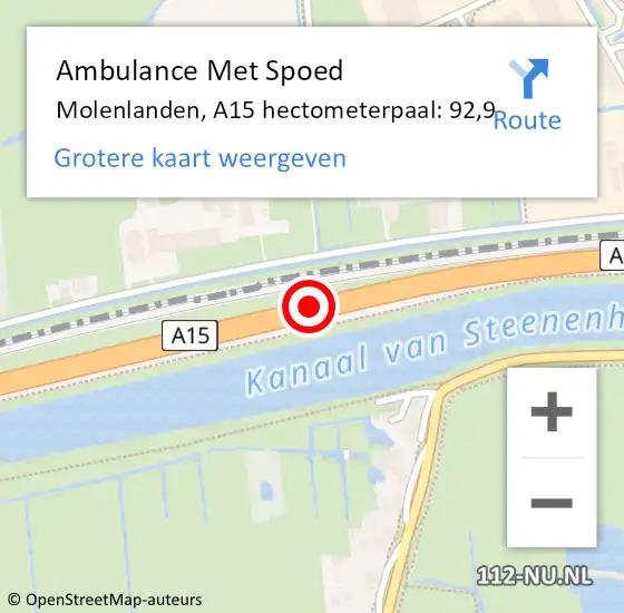 Locatie op kaart van de 112 melding: Ambulance Met Spoed Naar Molenlanden, A15 hectometerpaal: 92,9 op 15 maart 2024 17:59