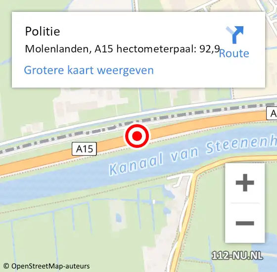 Locatie op kaart van de 112 melding: Politie Molenlanden, A15 hectometerpaal: 92,9 op 15 maart 2024 18:01