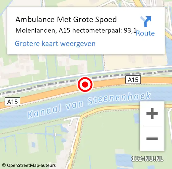 Locatie op kaart van de 112 melding: Ambulance Met Grote Spoed Naar Molenlanden, A15 hectometerpaal: 93,1 op 15 maart 2024 18:26