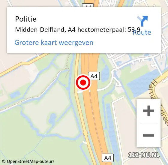 Locatie op kaart van de 112 melding: Politie Midden-Delfland, A4 hectometerpaal: 53,9 op 15 maart 2024 19:41