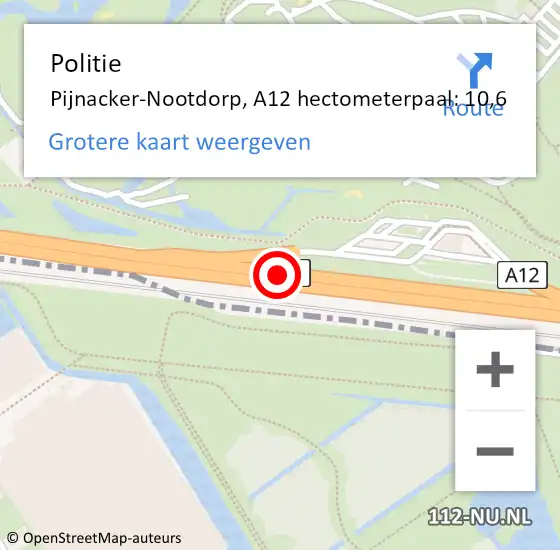 Locatie op kaart van de 112 melding: Politie Pijnacker-Nootdorp, A12 hectometerpaal: 10,6 op 15 maart 2024 19:49