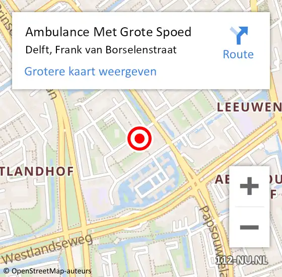 Locatie op kaart van de 112 melding: Ambulance Met Grote Spoed Naar Delft, Frank van Borselenstraat op 15 maart 2024 21:58