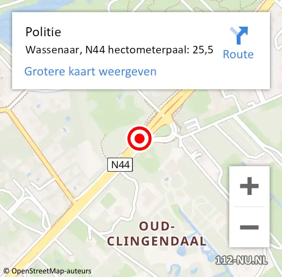 Locatie op kaart van de 112 melding: Politie Wassenaar, N44 hectometerpaal: 25,5 op 16 maart 2024 02:06