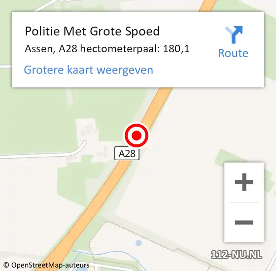 Locatie op kaart van de 112 melding: Politie Met Grote Spoed Naar Assen, A28 hectometerpaal: 180,1 op 16 maart 2024 03:51