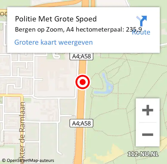Locatie op kaart van de 112 melding: Politie Met Grote Spoed Naar Bergen op Zoom, A4 hectometerpaal: 235,9 op 16 maart 2024 06:51