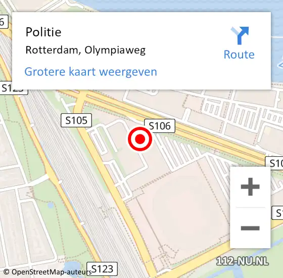 Locatie op kaart van de 112 melding: Politie Rotterdam, Olympiaweg op 16 maart 2024 07:38