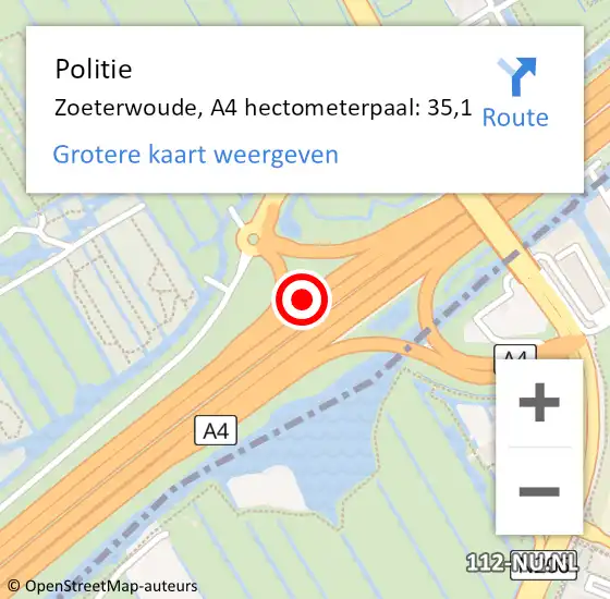 Locatie op kaart van de 112 melding: Politie Zoeterwoude, A4 hectometerpaal: 35,1 op 16 maart 2024 09:55