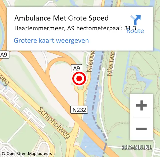 Locatie op kaart van de 112 melding: Ambulance Met Grote Spoed Naar Haarlemmermeer, A9 hectometerpaal: 31,3 op 16 maart 2024 12:27