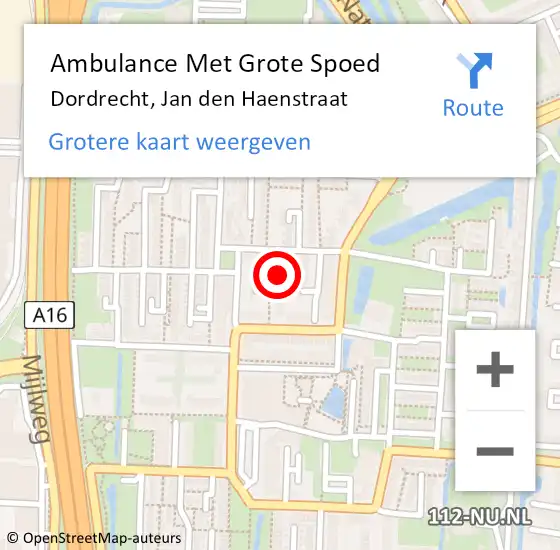 Locatie op kaart van de 112 melding: Ambulance Met Grote Spoed Naar Dordrecht, Jan den Haenstraat op 16 maart 2024 12:46