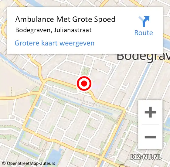 Locatie op kaart van de 112 melding: Ambulance Met Grote Spoed Naar Bodegraven, Julianastraat op 16 maart 2024 12:59