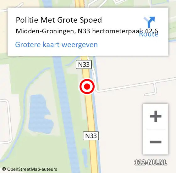 Locatie op kaart van de 112 melding: Politie Met Grote Spoed Naar Midden-Groningen, N33 hectometerpaal: 42,6 op 16 maart 2024 13:47