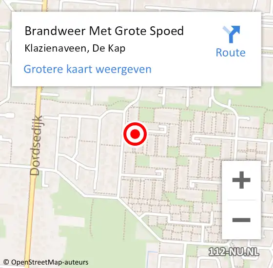 Locatie op kaart van de 112 melding: Brandweer Met Grote Spoed Naar Klazienaveen, De Kap op 16 maart 2024 14:48