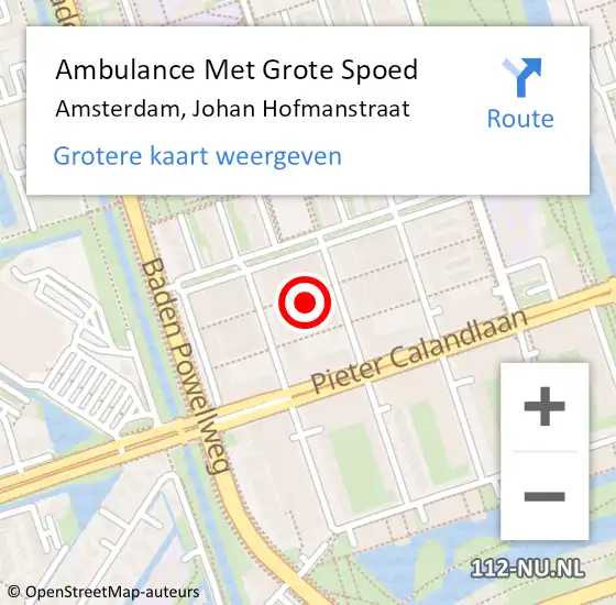 Locatie op kaart van de 112 melding: Ambulance Met Grote Spoed Naar Amsterdam, Johan Hofmanstraat op 16 maart 2024 18:01
