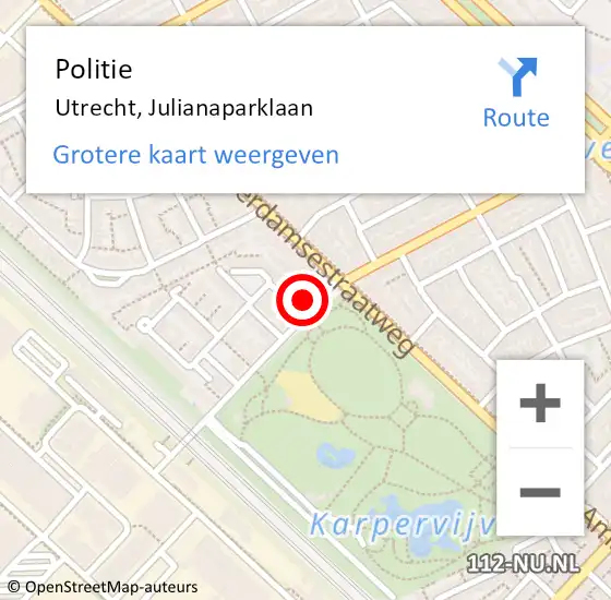 Locatie op kaart van de 112 melding: Politie Utrecht, Julianaparklaan op 16 maart 2024 19:38