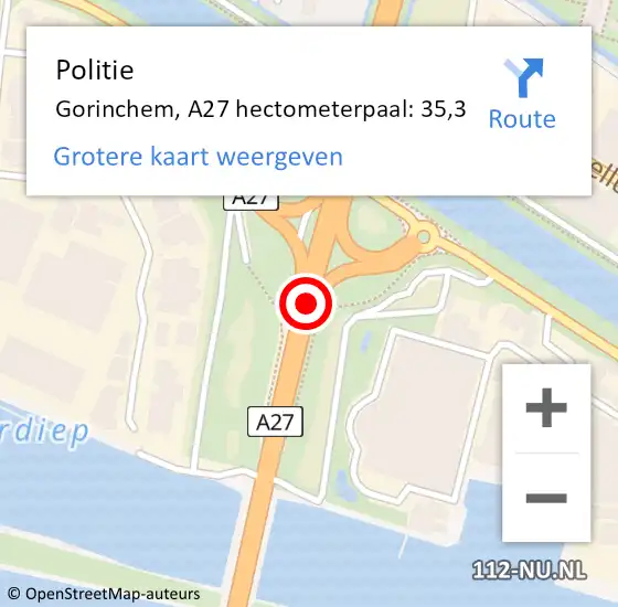 Locatie op kaart van de 112 melding: Politie Gorinchem, A27 hectometerpaal: 35,3 op 16 maart 2024 20:15