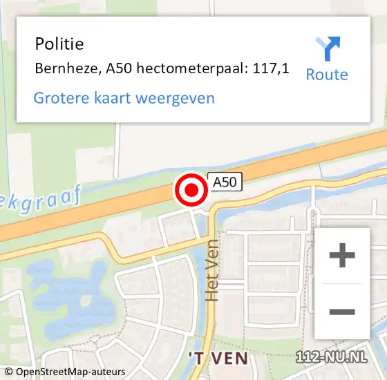 Locatie op kaart van de 112 melding: Politie Bernheze, A50 hectometerpaal: 117,1 op 16 maart 2024 20:31