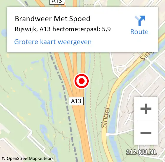 Locatie op kaart van de 112 melding: Brandweer Met Spoed Naar Rijswijk, A13 hectometerpaal: 5,9 op 16 maart 2024 20:39