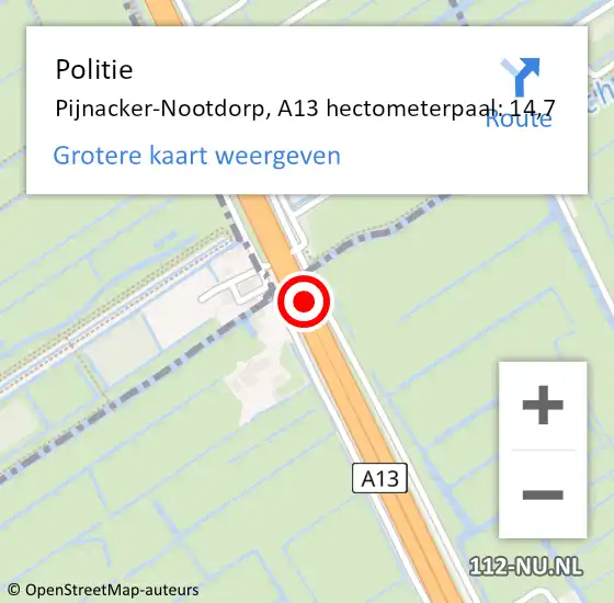 Locatie op kaart van de 112 melding: Politie Pijnacker-Nootdorp, A13 hectometerpaal: 14,7 op 16 maart 2024 21:09