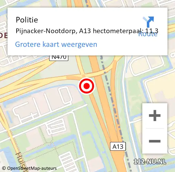 Locatie op kaart van de 112 melding: Politie Pijnacker-Nootdorp, A13 hectometerpaal: 11,3 op 16 maart 2024 21:57
