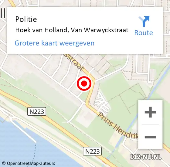 Locatie op kaart van de 112 melding: Politie Hoek van Holland, Van Warwyckstraat op 17 maart 2024 00:33