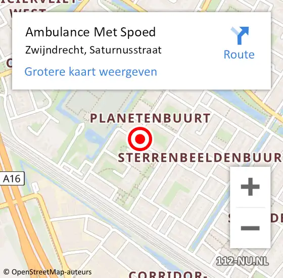 Locatie op kaart van de 112 melding: Ambulance Met Spoed Naar Zwijndrecht, Saturnusstraat op 17 maart 2024 07:42