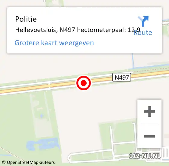 Locatie op kaart van de 112 melding: Politie Hellevoetsluis, N497 hectometerpaal: 12,9 op 17 maart 2024 07:57