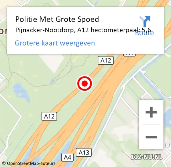 Locatie op kaart van de 112 melding: Politie Met Grote Spoed Naar Pijnacker-Nootdorp, A12 hectometerpaal: 5,6 op 17 maart 2024 14:11