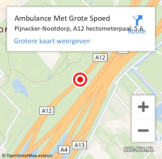 Locatie op kaart van de 112 melding: Ambulance Met Grote Spoed Naar Pijnacker-Nootdorp, A12 hectometerpaal: 5,6 op 17 maart 2024 14:14