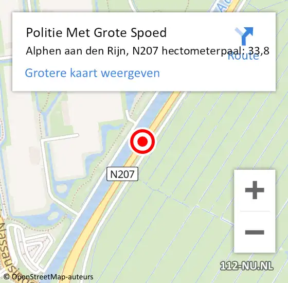 Locatie op kaart van de 112 melding: Politie Met Grote Spoed Naar Alphen aan den Rijn, N207 hectometerpaal: 33,8 op 17 maart 2024 14:31
