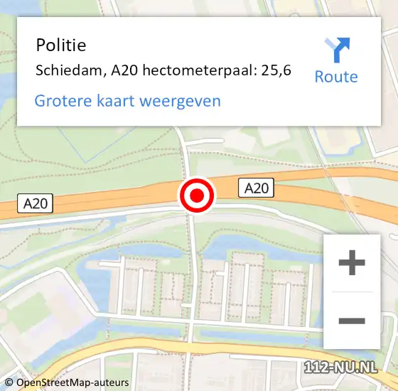 Locatie op kaart van de 112 melding: Politie Schiedam, A20 hectometerpaal: 25,6 op 17 maart 2024 14:59