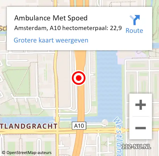 Locatie op kaart van de 112 melding: Ambulance Met Spoed Naar Amsterdam, A10 hectometerpaal: 22,9 op 17 maart 2024 17:53