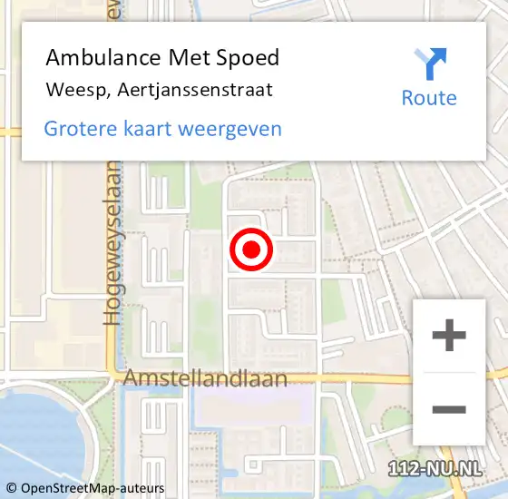 Locatie op kaart van de 112 melding: Ambulance Met Spoed Naar Weesp, Aertjanssenstraat op 17 maart 2024 18:20