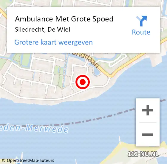 Locatie op kaart van de 112 melding: Ambulance Met Grote Spoed Naar Sliedrecht, De Wiel op 17 maart 2024 19:35