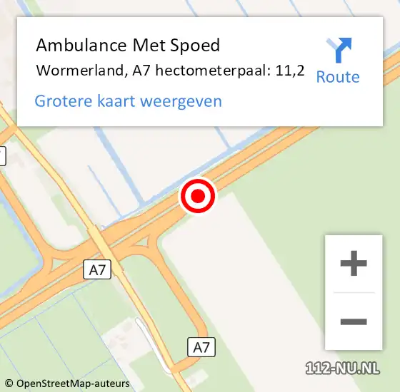 Locatie op kaart van de 112 melding: Ambulance Met Spoed Naar Wormerland, A7 hectometerpaal: 11,2 op 17 maart 2024 21:18