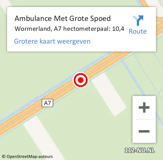 Locatie op kaart van de 112 melding: Ambulance Met Grote Spoed Naar Wormerland, A7 hectometerpaal: 10,4 op 17 maart 2024 21:21