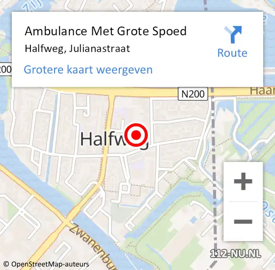 Locatie op kaart van de 112 melding: Ambulance Met Grote Spoed Naar Halfweg, Julianastraat op 17 maart 2024 21:27