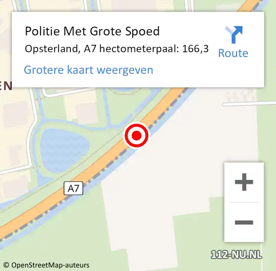 Locatie op kaart van de 112 melding: Politie Met Grote Spoed Naar Opsterland, A7 hectometerpaal: 166,3 op 17 maart 2024 22:30