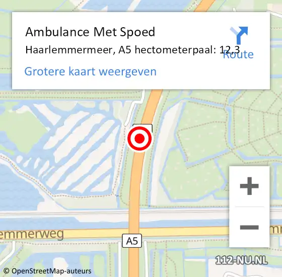 Locatie op kaart van de 112 melding: Ambulance Met Spoed Naar Haarlemmermeer, A5 hectometerpaal: 12,3 op 17 maart 2024 23:05