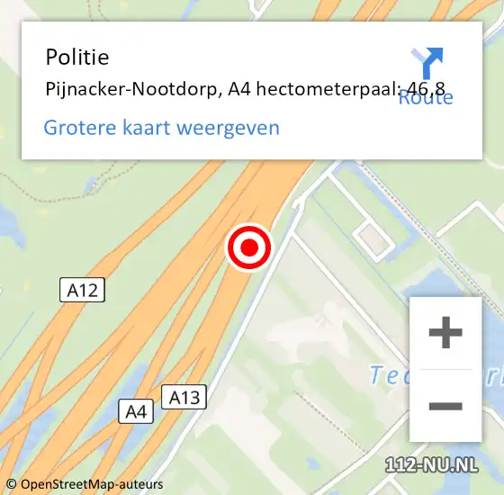 Locatie op kaart van de 112 melding: Politie Pijnacker-Nootdorp, A4 hectometerpaal: 46,8 op 17 maart 2024 23:05