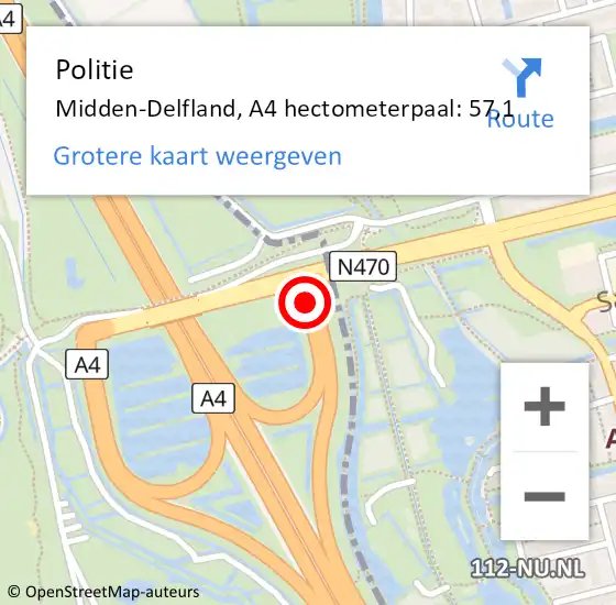 Locatie op kaart van de 112 melding: Politie Midden-Delfland, A4 hectometerpaal: 57,1 op 18 maart 2024 00:51
