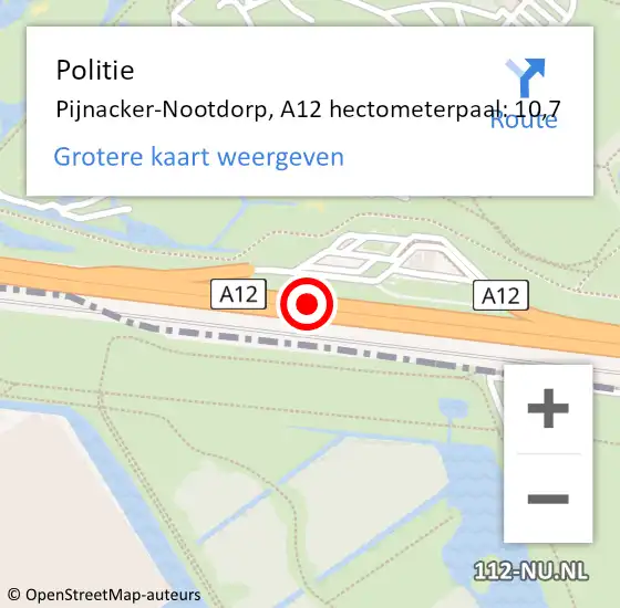 Locatie op kaart van de 112 melding: Politie Pijnacker-Nootdorp, A12 hectometerpaal: 10,7 op 18 maart 2024 12:07