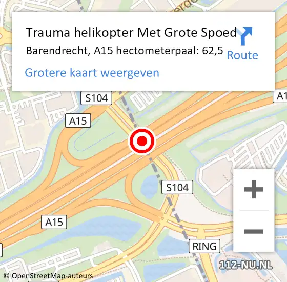 Locatie op kaart van de 112 melding: Trauma helikopter Met Grote Spoed Naar Barendrecht, A15 hectometerpaal: 62,5 op 18 maart 2024 12:34