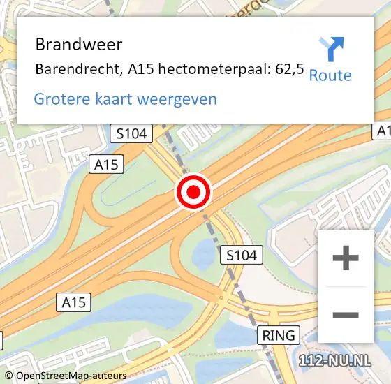 Locatie op kaart van de 112 melding: Brandweer Barendrecht, A15 hectometerpaal: 62,5 op 18 maart 2024 12:38