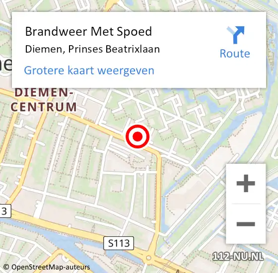 Locatie op kaart van de 112 melding: Brandweer Met Spoed Naar Diemen, Prinses Beatrixlaan op 18 maart 2024 13:54