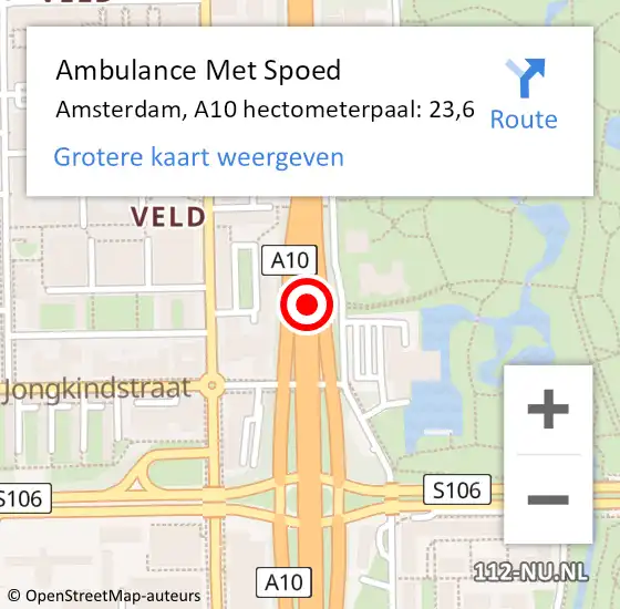 Locatie op kaart van de 112 melding: Ambulance Met Spoed Naar Amsterdam, A10 hectometerpaal: 23,6 op 18 maart 2024 15:37