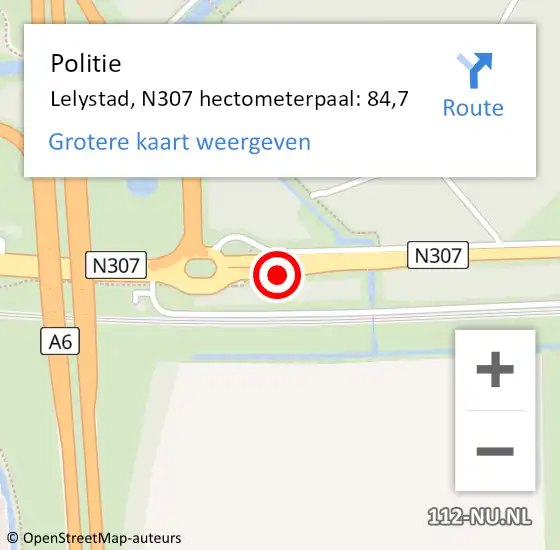 Locatie op kaart van de 112 melding: Politie Lelystad, N307 hectometerpaal: 84,7 op 18 maart 2024 17:22