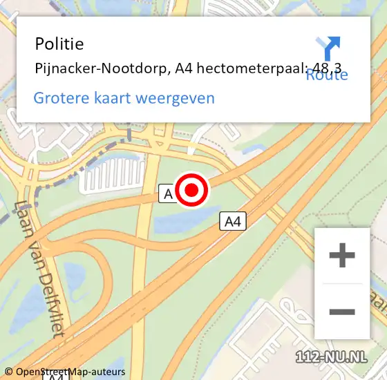 Locatie op kaart van de 112 melding: Politie Pijnacker-Nootdorp, A4 hectometerpaal: 48,3 op 18 maart 2024 17:42