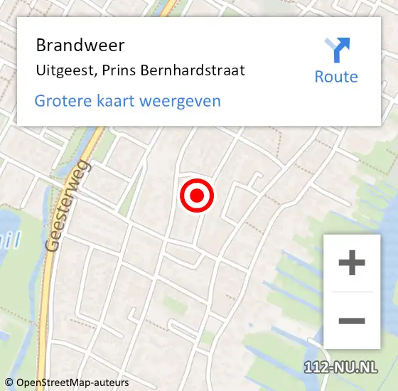 Locatie op kaart van de 112 melding: Brandweer Uitgeest, Prins Bernhardstraat op 18 maart 2024 18:27